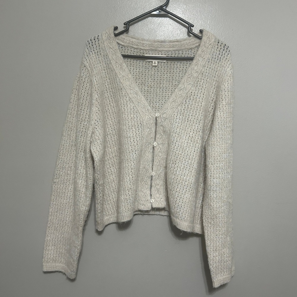 Lucky Brand Cardigan Women XL Cream Open Knit Pointelle V-Neck Cottagecore Hygge